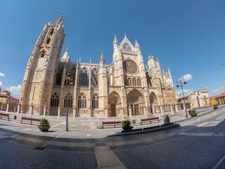 Fototapeta na wymiar Castilla Leon, Spain - September 5, 2020: The Gothic Cathedral of Leon. The Santa María de León Cathedral, also called The House of Light or the Pulchra Leonina.