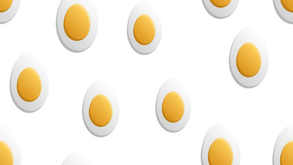 boiled egg on a white background, illustration, pattern. egg with yellow yolk. delicious breakfast. seamless illustration. stylish decor fast food wallpaper