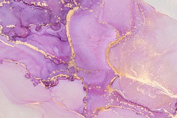Luxury abstract fluid art painting in alcohol ink technique, mixture of lilac and pink paints.  Imitation of marble stone cut, glowing golden veins. Tender and dreamy design.  - 411931352