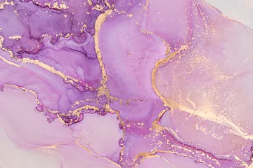 Fotobehang Luxury abstract fluid art painting in alcohol ink technique, mixture of lilac and pink paints.  Imitation of marble stone cut, glowing golden veins. Tender and dreamy design.  © Екатерина Птушко