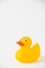 Top view of a yellow duckling for bathing, on white background, in vertical, with copy space