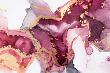 Luxury abstract fluid art painting in alcohol ink technique, mixture of red and maroon paints.  Imitation of marble stone cut, glowing golden veins. Tender and dreamy design.  - 411931396