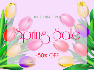 Spring sale violet vector card with tulips. Limited time only