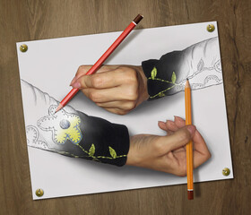Two impossible women's hands with pencils draw each other. Wooden background.