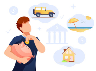 Man is putting coin in piggy bank, his dreams on the background. Bank, budget, finance, money savings concept. Isolated vector illustration for flyer, poster, banner, advertising. 