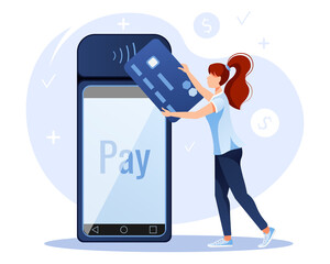 Payment terminal. Woman with credit card is paying. Pos terminal, credit card, banking, contactless payments concept. Isolated vector illustration for flyer, poster, banner, advertising. 