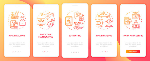 Industry 4.0 trends onboarding mobile app page screen with concepts. Smart sensors, predictive maintenance walkthrough 5 steps graphic instructions. UI vector template with RGB color illustrations