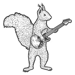 Squirrel plays the electric guitar. Engraving vector illustration.