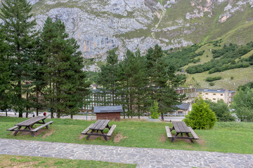 Fuente De, Spain - August 31, 2020: Picnic tables at the Teleferico Fuente Dé. Cable car or telecabin in Fuente Dé, Cantabria, Picos de Europa National Park, Spain.
