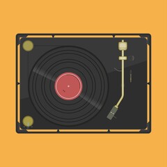 Vinyl player with a vinyl disk. Modern gramophone player with black musical vinyl on the orange background.