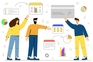 Vector illustration with men and a woman discussing work, business ideas and strategies. Business concept illustrations. Business concept illustrations.