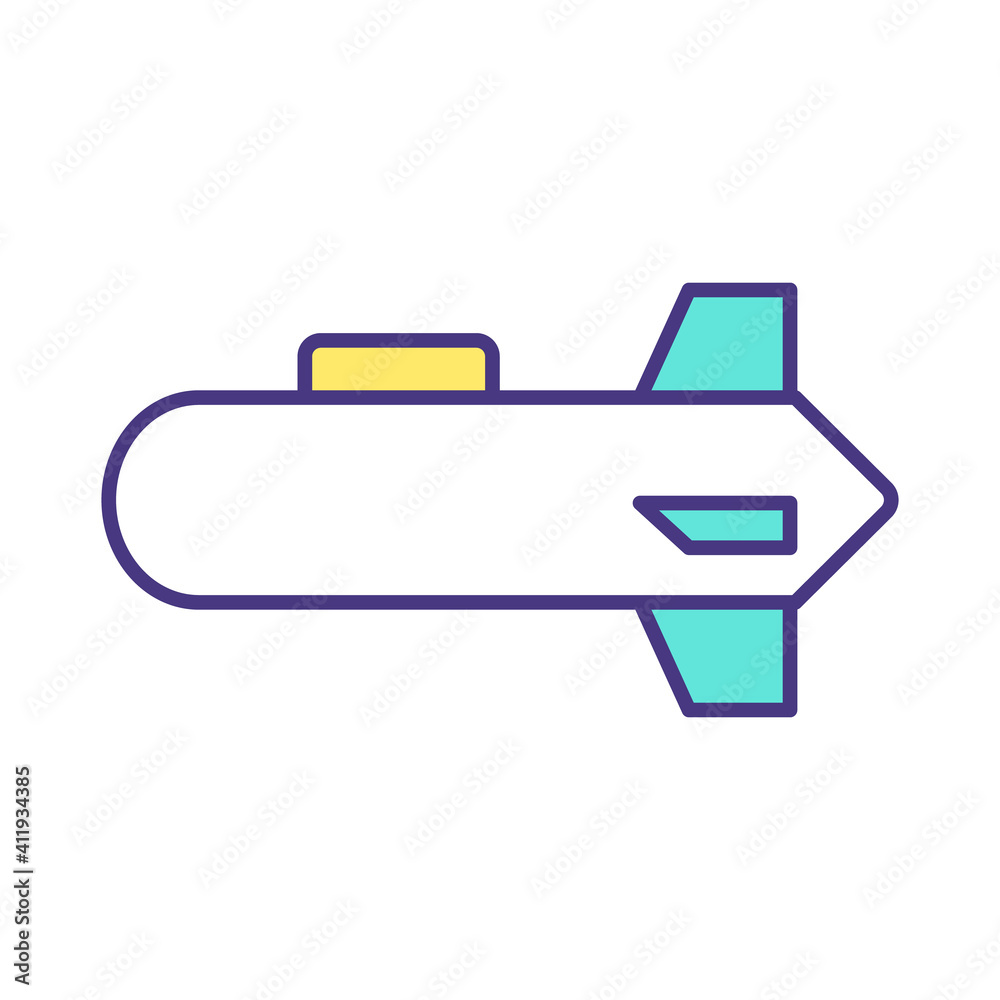 Poster Torpedo RGB color icon. Underwater ranged weapon. Launching from submarine, surface vessel. Self-propelled cylindrical explosive projectile. Underwater vehicle. Isolated vector illustration