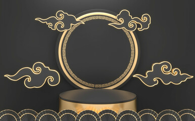 The Black and Golden Podium minimal geometric, Dark style abstract.3D rendering