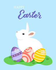 Colorful Happy Easter greeting card with rabbit and eggs.