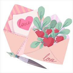 set of items for Valentine's Day. Love letters and letters of confession. drawn in cartoon style vector illustration isolated on white background