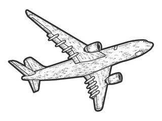 Flying plane, bottom view. Engraving raster illustration. Sketch