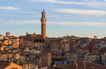 Fototapeta na wymiar Siena old town at sunrise, a medieval and Renaissance city in Tuscany, Italy, with Mangia tower, church, old houses and palaces on a green hill