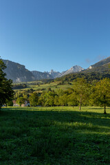 Obraz premium The Naranjo de Bulnes, known as Picu Urriellu, from Pozo de la Oracion viewpoint (mirador) at Arenas de Cabrales, Picos de Europa National Park in Asturias, Spain.