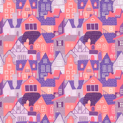 City seamless colorful pattern with hand drawn old european houses at spring. Pink Repeating background with the old town. For wallpapers,textile and scrapbooking. Vector flat illustration.
