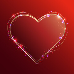 Heart frame. Vector red neon light effect heart frame with bright flares. Magic glowing glass dots, shining sparks of stardust, hot lighting. Energy shiny tile. Luxurious expensive sequins design.