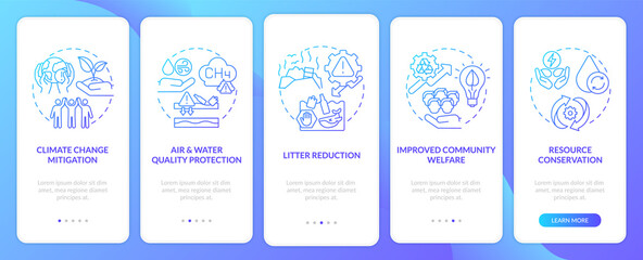 Biodegradable waste reducing onboarding mobile app page screen with concepts. Protection, climate change walkthrough 5 steps graphic instructions. UI vector template with RGB color illustrations
