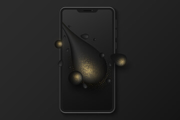 Elegant Smartphone Mockup with liquid shapes and golden glitter halftone effect on a dark touchscreen. UI and UX app design. Modern mobile phone. Vector illustration.