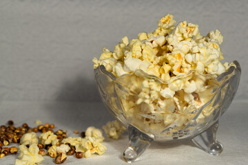 A bowl of salted popcorn on the table.