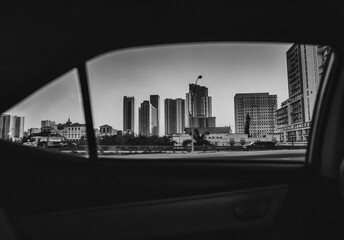 view city interior car buildings highway travel black white miami florida 