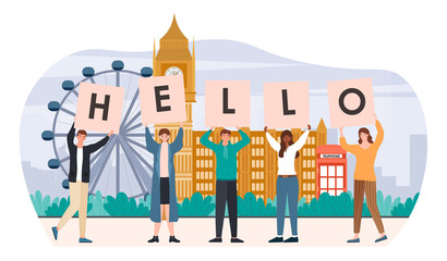 Diverse male and female characters are holding hello sign. Five people standing together in order to greet someone. Flat cartoon vector illustration