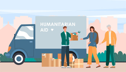 Male volunteer gives box of humanitarian aid to a woman. Concept of charity donation and second hand things. Various old clothes in cardboard box. Support and help. Flat cartoon vector illustration