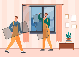Fototapeta na wymiar Two male workers in overalls installing mosquito net on plastic window in apartments from inside. Concept of protection from insects at summer period. Flat cartoon vector illustration