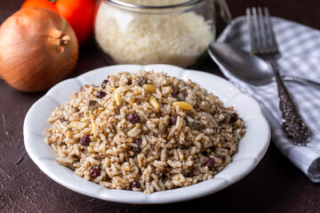 Traditional delicious Turkish food; rice pilaf with pine nuts and currants (Turkish name; ic pilav or pilaf)