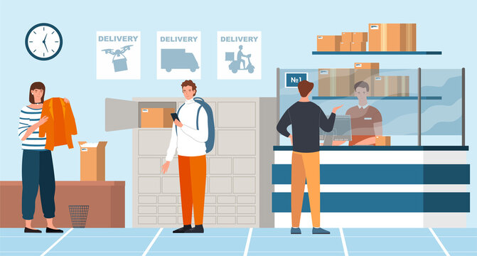 Male and female characters are standing in post delivery office. Mail service, crowd people with boxes and letters. People came to receive or ship orders and parcels. Flat cartoon vector illustration