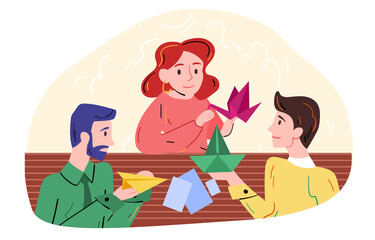 Cheerful male and female characters are creating different shapes from paper. Concept of origami hobby. People creating figures of paper airplane and ship and bird. Flat cartoon vector illustration