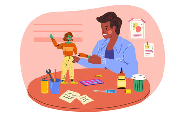 Male character is creating toys. Man is repairing toy with special tools. Detailed toy is being assembled and painted by a man in a blue shirt. Flat cartoon vector illustration