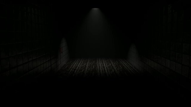 3d Looped animation of horror atmospheric scene. Scary old corridor with bloody tiled walls and with a  monster from the darkness.