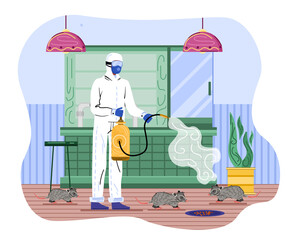 Male character in chemical protection suit releasing agents onto rats. Concept of pest control and getting rid of rats in cafe. Flat cartoon vector illustration