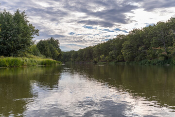 Floodplain of the Khopyor River. Rafting in the summer on a kayak on the river. Individual hike. Solo.