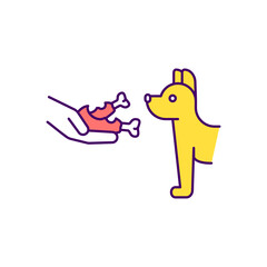 Dog feeding RGB color icon. Giving animals raw meat. Omnivorous foods. Animal welfare. Feeding stray dogs. Giving food second chance. Reducing food waste. Isolated vector illustration