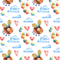 Illustration of insect, clouds, hearts and beads