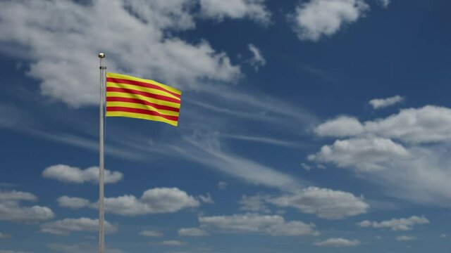 Catalonia independent flag waving in wind with blue sky cloud. Catalan banner blowing soft silk. Cloth fabric texture ensign background. Use for national day and country occasions concept-Dan