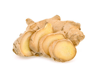 fresh ginger with slices isolated on white background