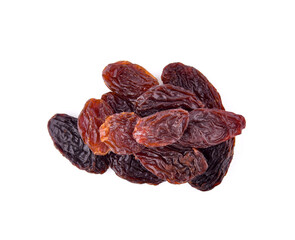 Top view of dried raisins isolated on white background.