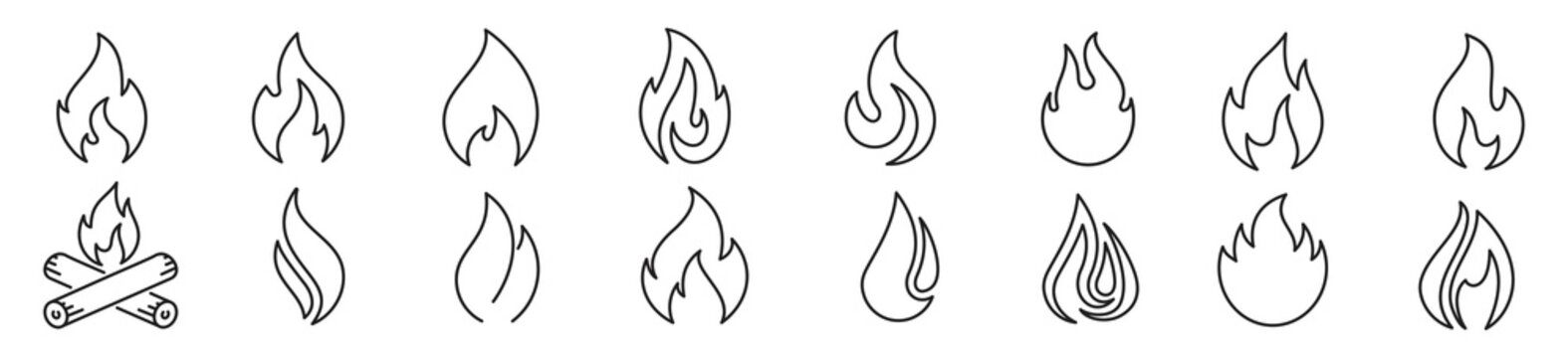 fire flat line icons, flames, flame of various shapes, bonfire vector illustration, 
