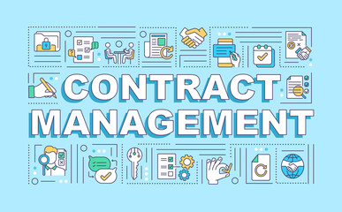 Fototapeta na wymiar Contract management word concepts banner. Reducing financial risk. Creation, execution. Infographics with linear icons on blue background. Isolated typography. Vector outline RGB color illustration