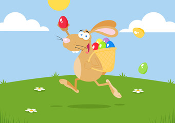 Obraz na płótnie Canvas Easter Rabbit Cartoon Character Running With A Basket And Egg. Vector Illustration Flat Design With Landscape Background