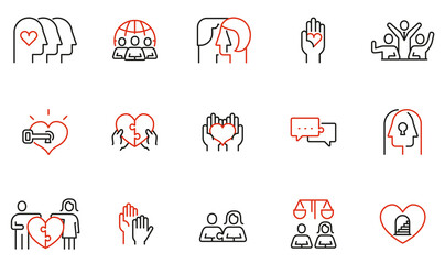 Vector Set of Linear Icons Related to Harmony to Relationships, Interaction, Joint Development and Equality. Mono Line Pictograms and Infographics Design Elements - part 1