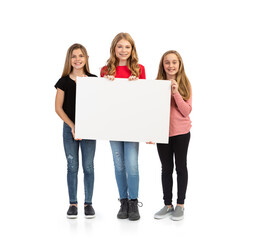 Kids: Group Of Three Girls Gather Around Blank White Card