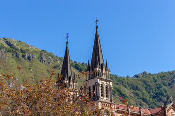 Covadonga, Spain - September 4, 2020: The Basilica of Covadonga (Basilica de Santa Mar&iacute;a la Real de Covadonga) in Covadonga, Asturias, Spain.
