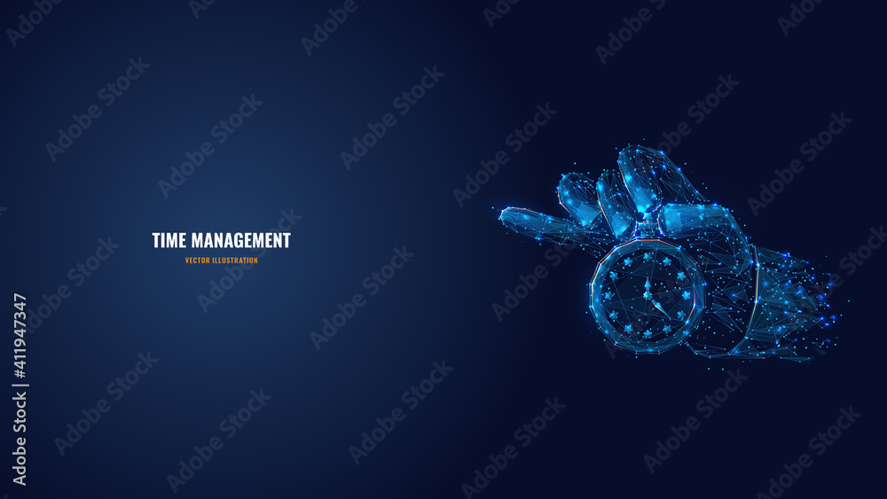 Poster digital vector 3d hand holding clock or stopwatch in dark blue. time management, planning, life cont